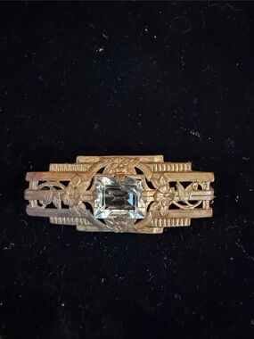 Vintage-Inspired Gold Floral Bar Pin with Clear Stone